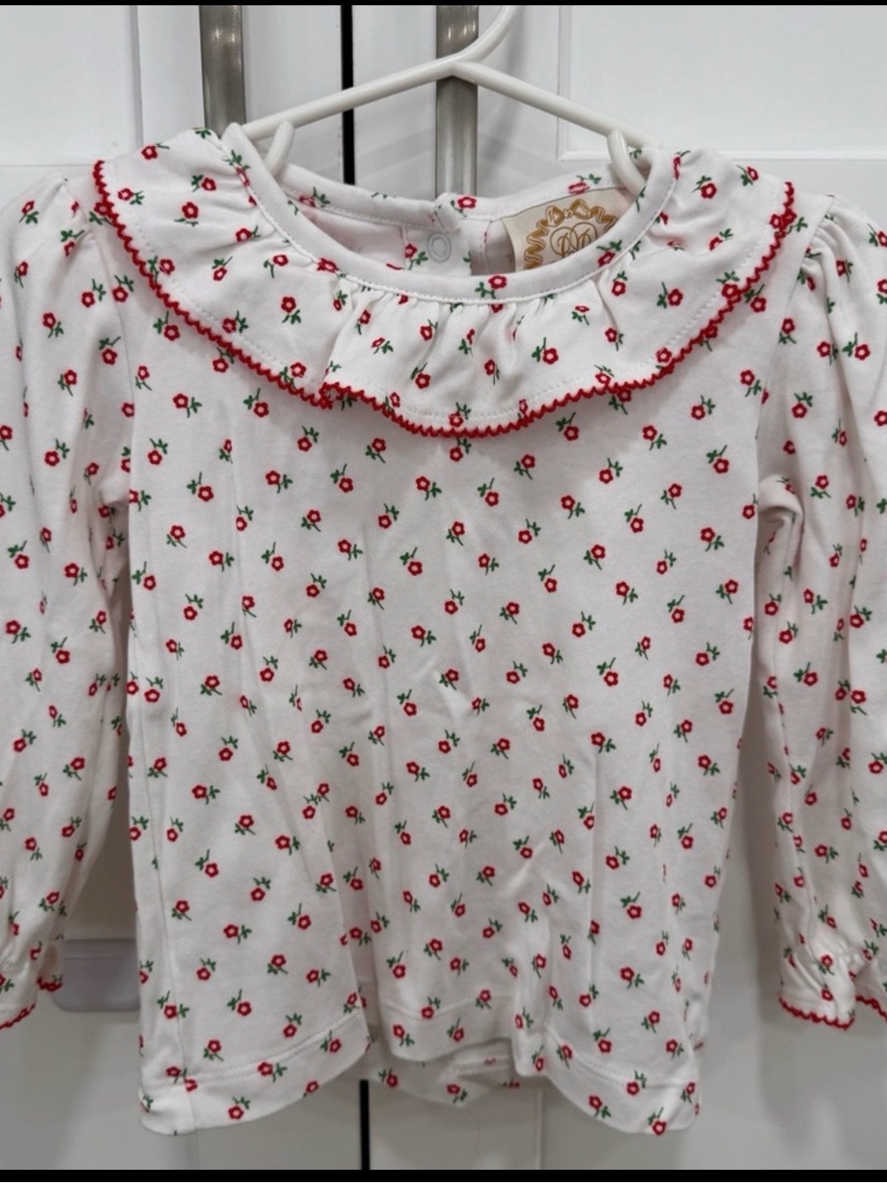 The Beaufort Bonnet Company Girls White Long Sleeve Tee with Red Floral Trim
